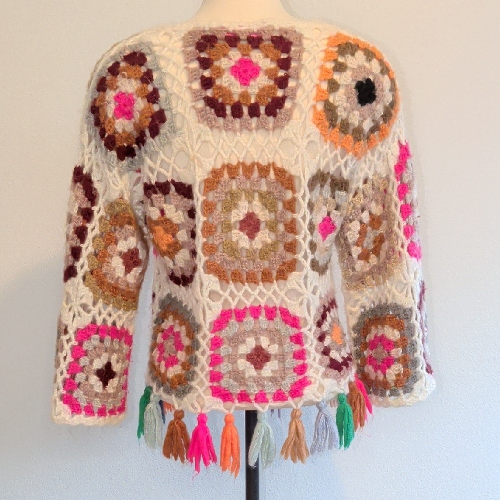 Crochet Patchwork Fringe Sweater - Multi Color - image 3